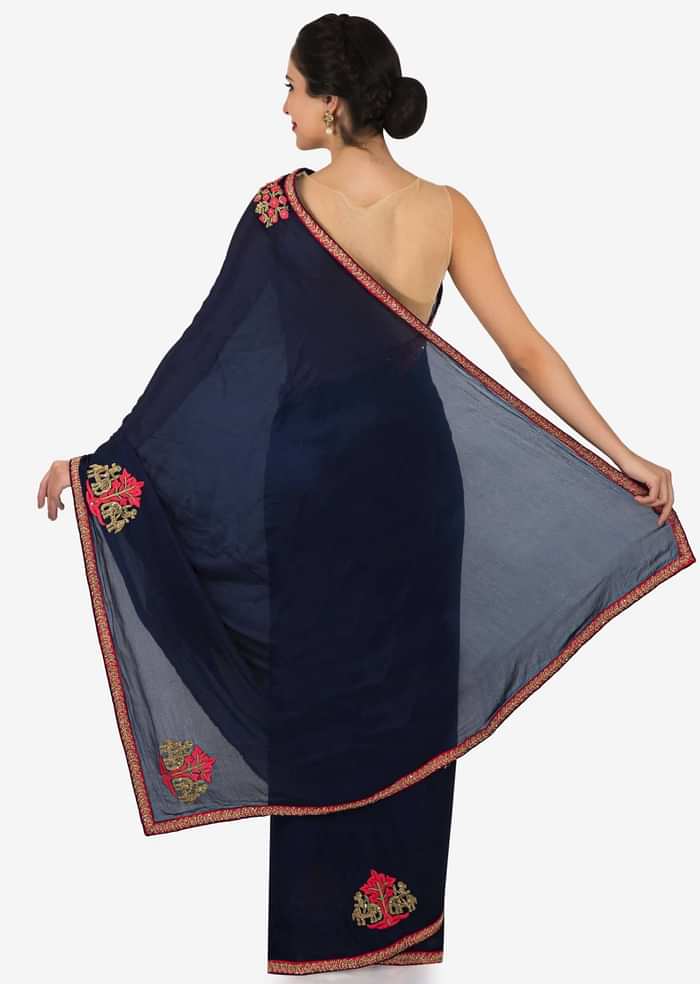 Navy Blue Saree In Chiffon With Unstitched Blouse Embellished In Resham And Zardosi Work Online - Kalki Fashion