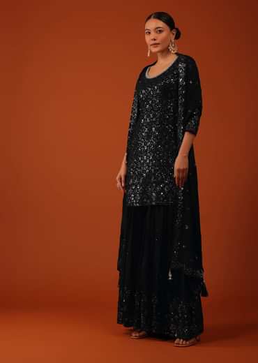 Black Chinon Kurti And Sharara Set With Sequins Work