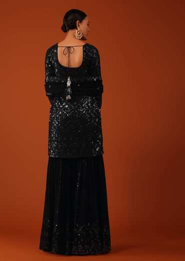 Black Chinon Kurti And Sharara Set With Sequins Work