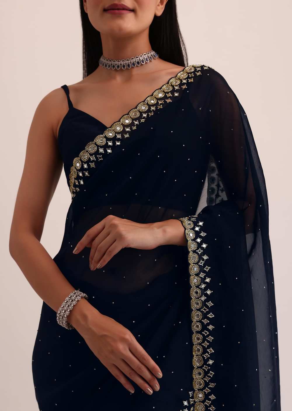 Navy Blue Chinon Saree With Mirror Embroidery And Unstitched Blouse