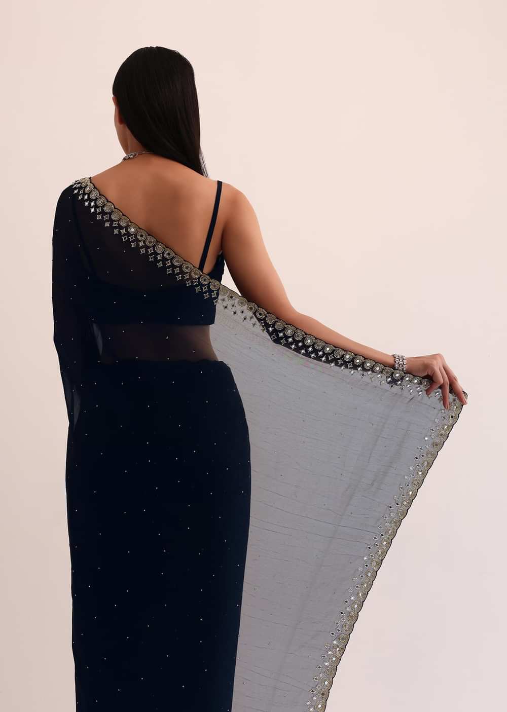 Navy Blue Chinon Saree With Mirror Embroidery And Unstitched Blouse