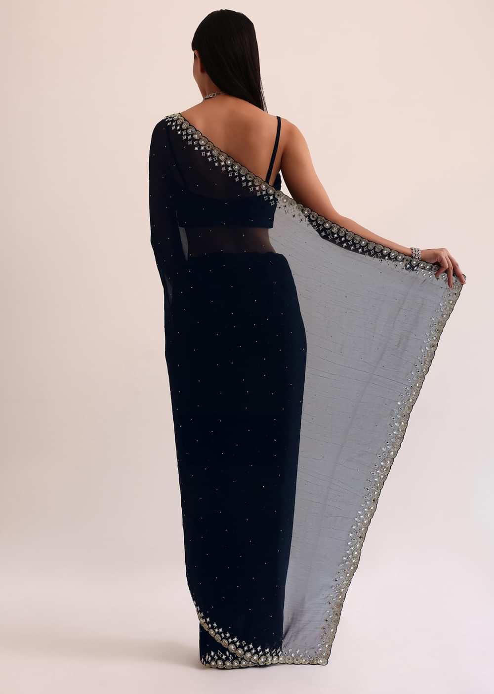 Navy Blue Chinon Saree With Mirror Embroidery And Unstitched Blouse