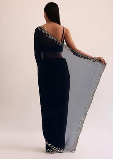 Navy Blue Chinon Saree With Mirror Embroidery And Unstitched Blouse
