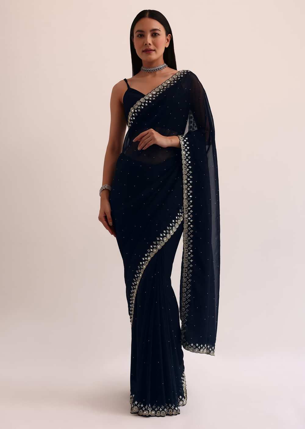 Navy Blue Chinon Saree With Mirror Embroidery And Unstitched Blouse