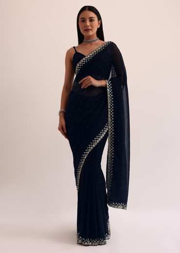 Navy Blue Chinon Saree With Mirror Embroidery And Unstitched Blouse