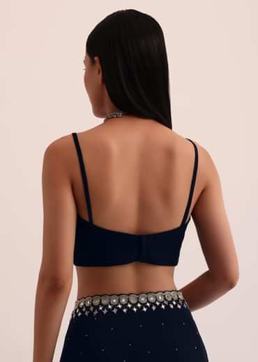 Navy Blue Chinon Saree With Mirror Embroidery And Unstitched Blouse