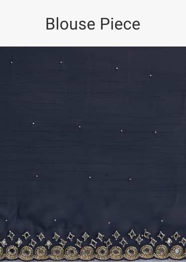 Navy Blue Chinon Saree With Mirror Embroidery And Unstitched Blouse