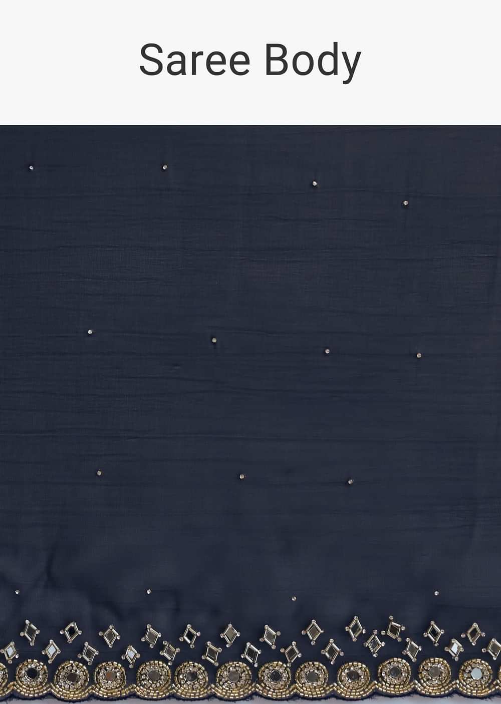 Navy Blue Chinon Saree With Mirror Embroidery And Unstitched Blouse