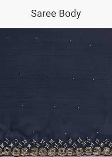Navy Blue Chinon Saree With Mirror Embroidery And Unstitched Blouse