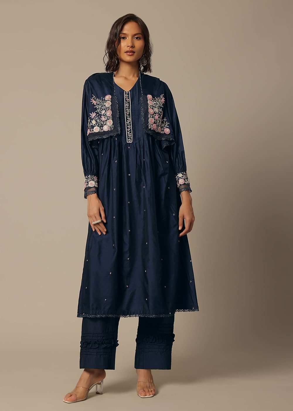 Navy Blue Cotton Pant Set With Pearl Work