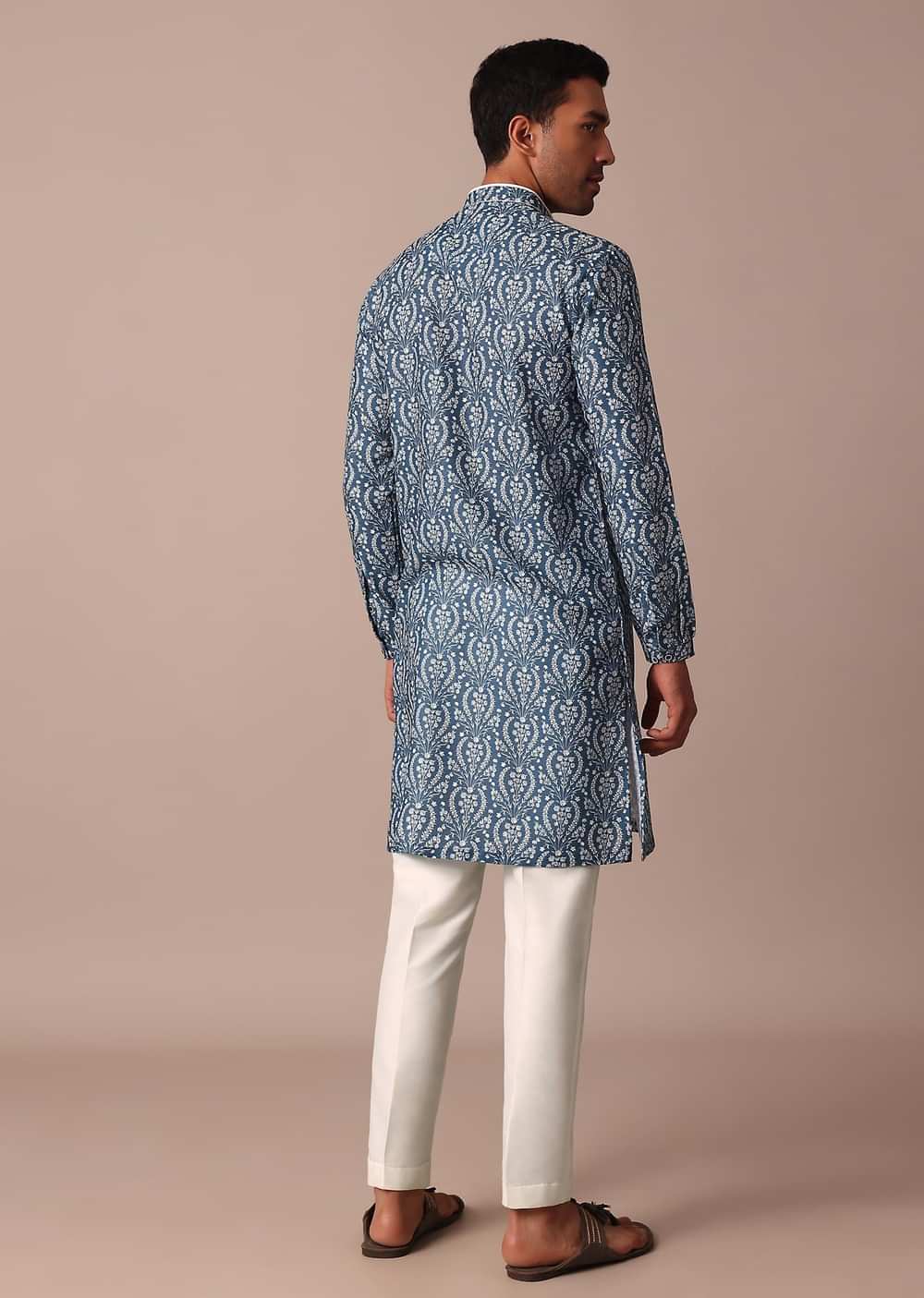 Navy Blue Cotton Silk Straight Kurta With Printed Work