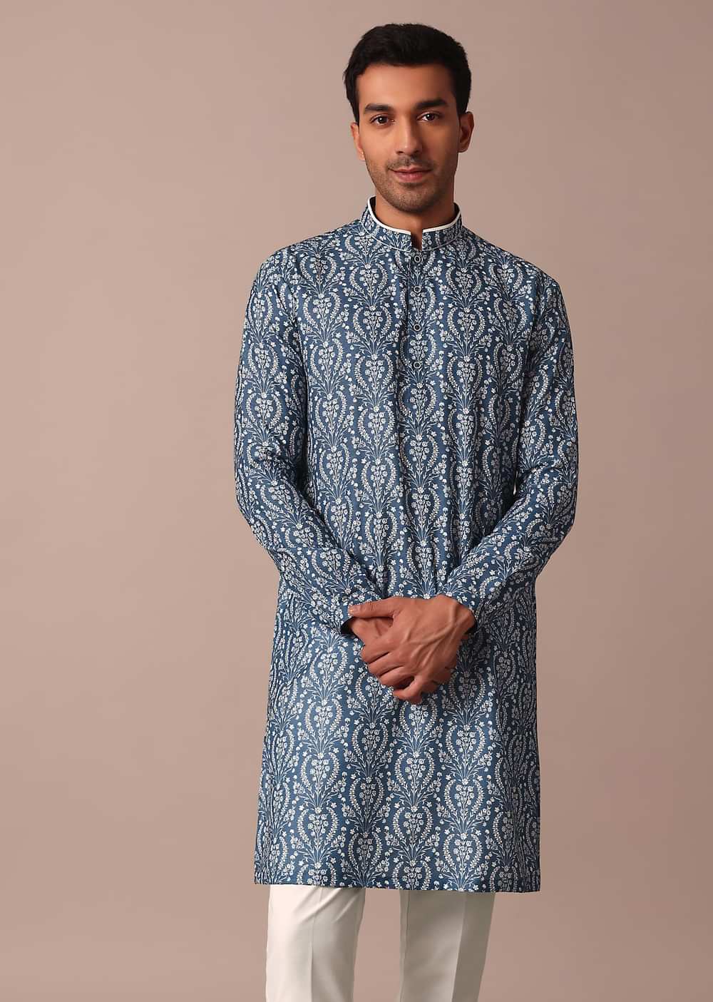 Navy Blue Cotton Silk Straight Kurta With Printed Work