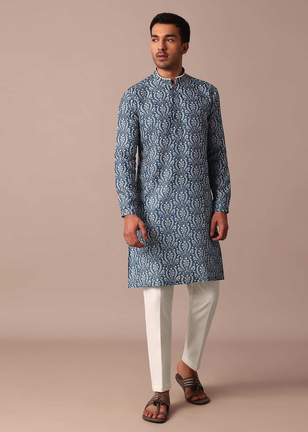 Navy Blue Cotton Silk Straight Kurta With Printed Work