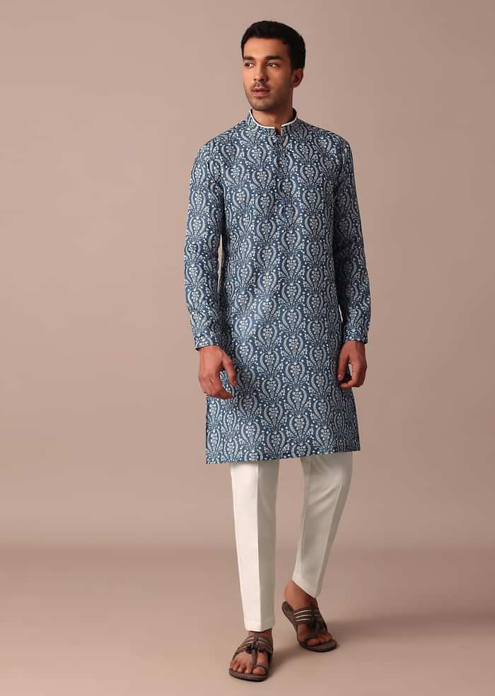 Navy Blue Cotton Silk Straight Kurta With Printed Work