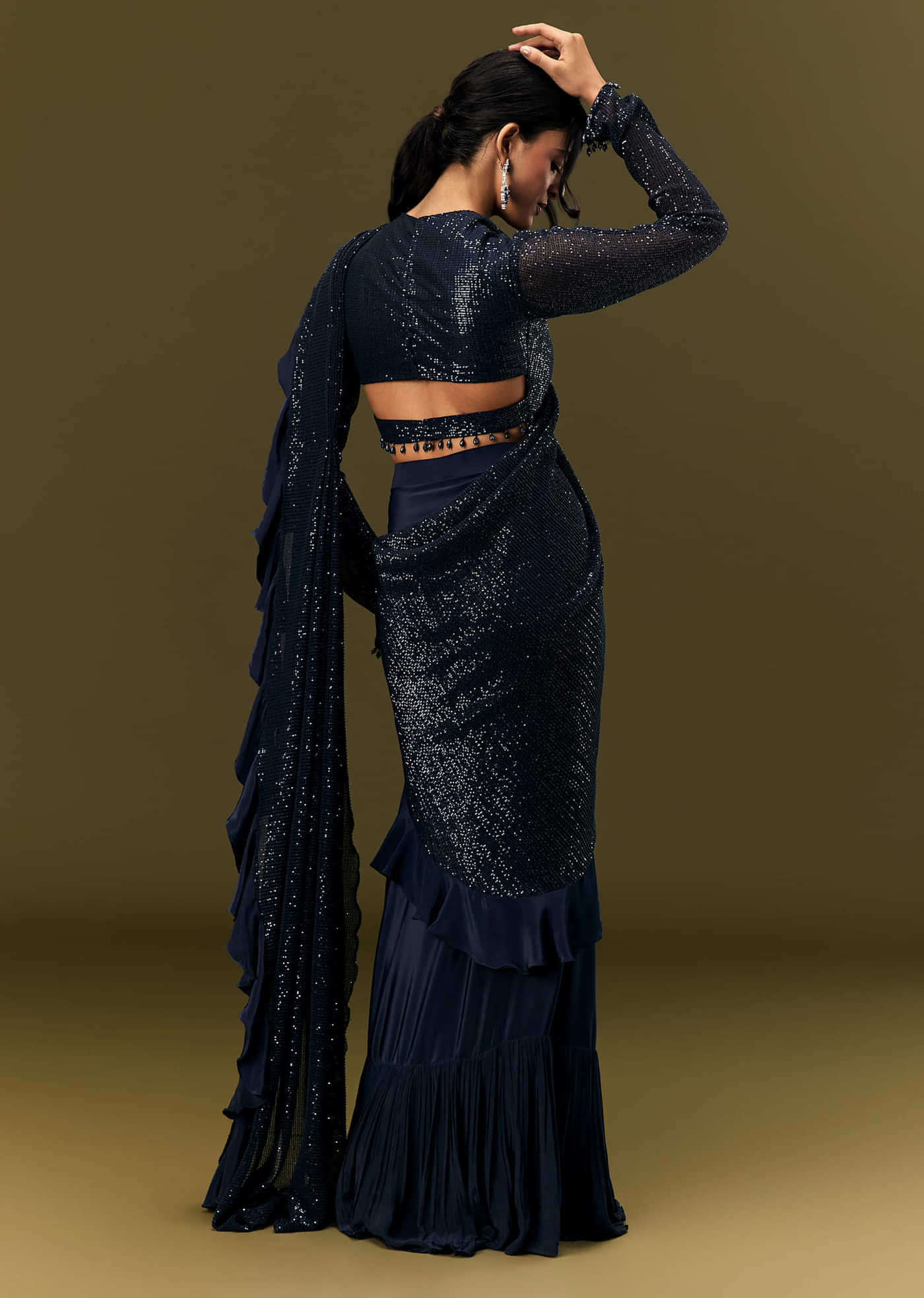 Navy Blue Crepe Ready Pleated Saree With Full Sleeve High Neck Blouse