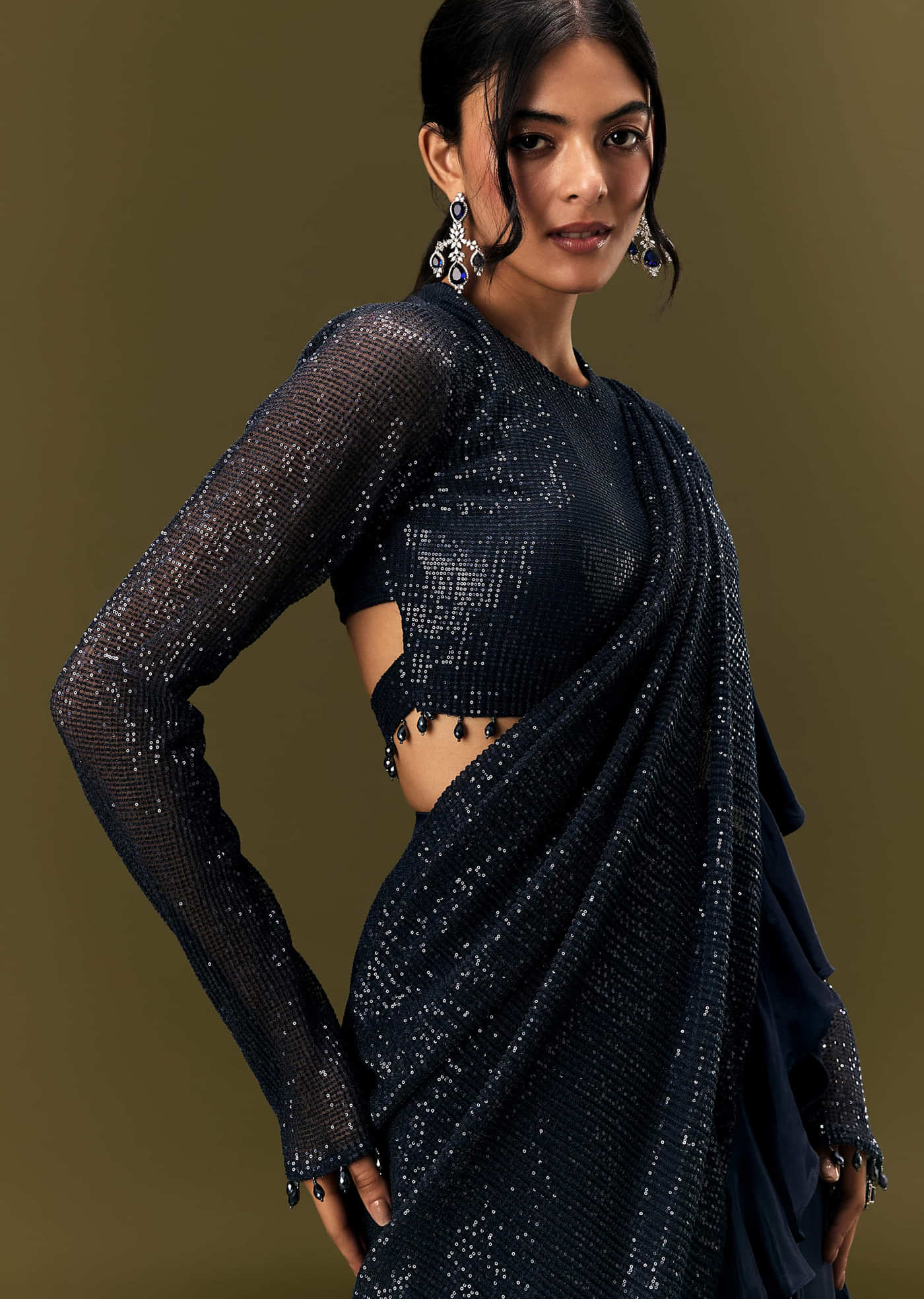 Navy Blue Crepe Ready Pleated Saree With Full Sleeve High Neck Blouse