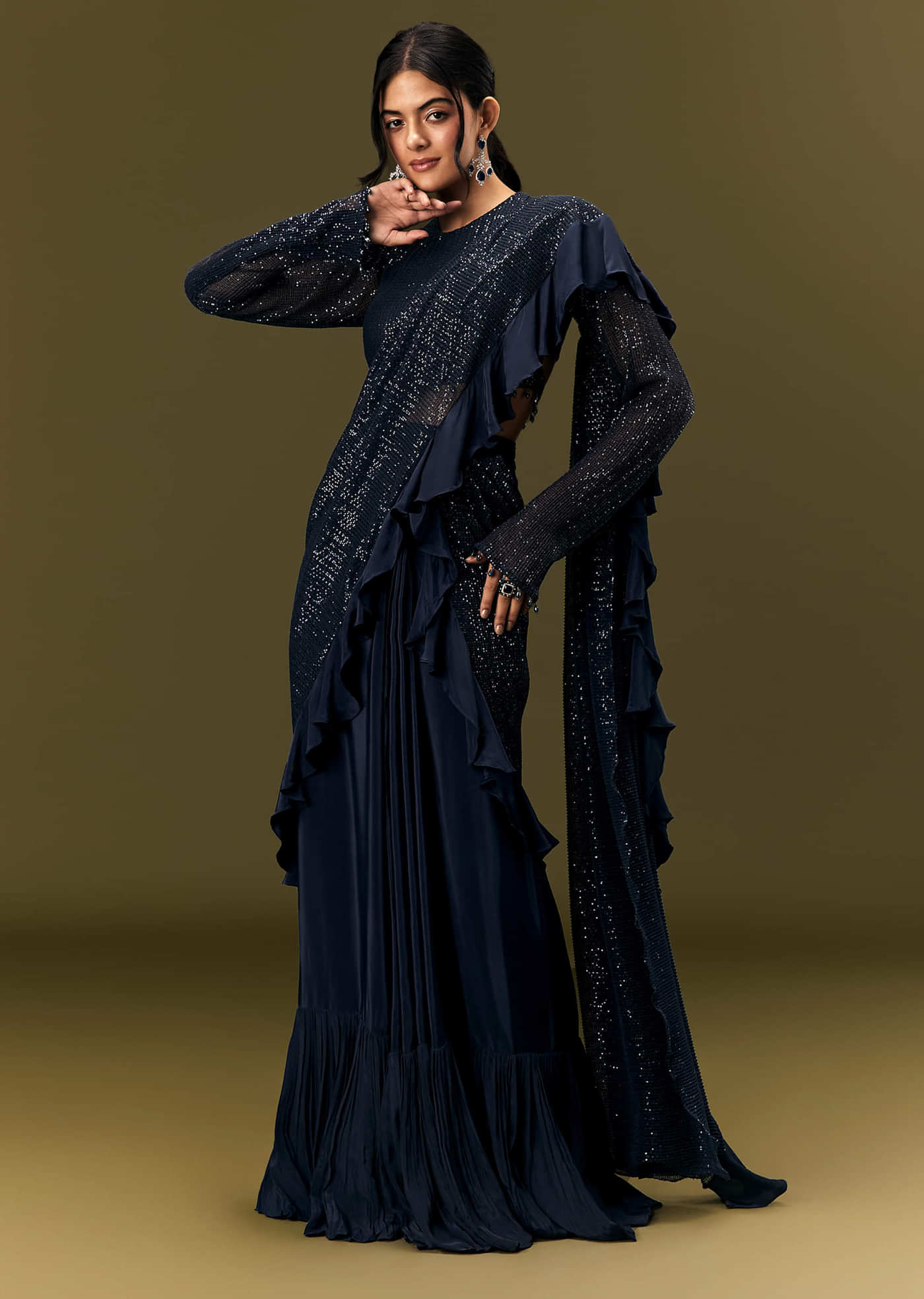 Navy Blue Crepe Ready Pleated Saree With Full Sleeve High Neck Blouse