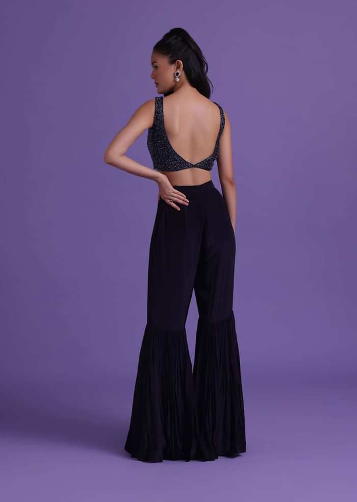 Navy Blue Cut Dana Embroidered Sharara And Blouse Set With Shrug in Satin