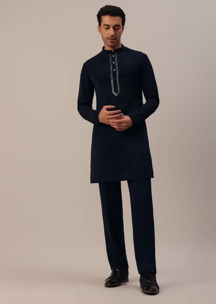 Navy Blue Cut Work Embroidered Indowestern In Suiting