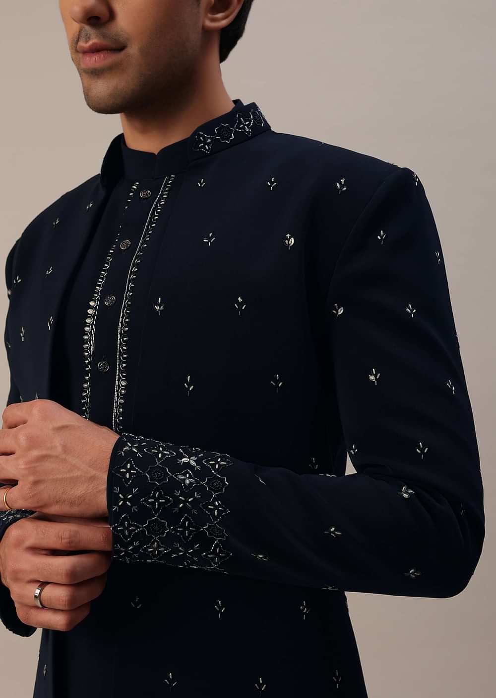 Navy Blue Cut Work Embroidered Indowestern In Suiting
