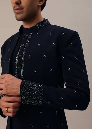 Navy Blue Cut Work Embroidered Indowestern In Suiting