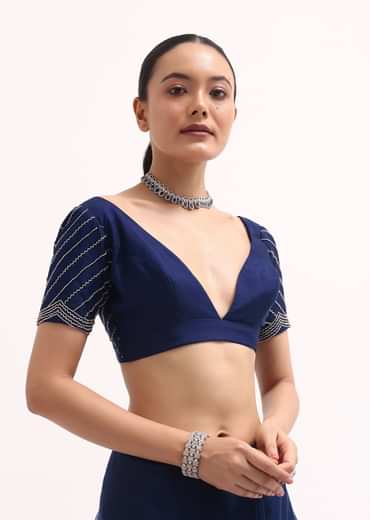 Navy Blue Cutdana Embroidered Saree With Unstitched Blouse