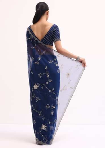 Navy Blue Cutdana Embroidered Saree With Unstitched Blouse