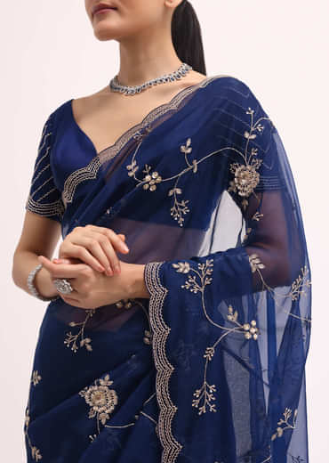 Navy Blue Cutdana Embroidered Saree With Unstitched Blouse