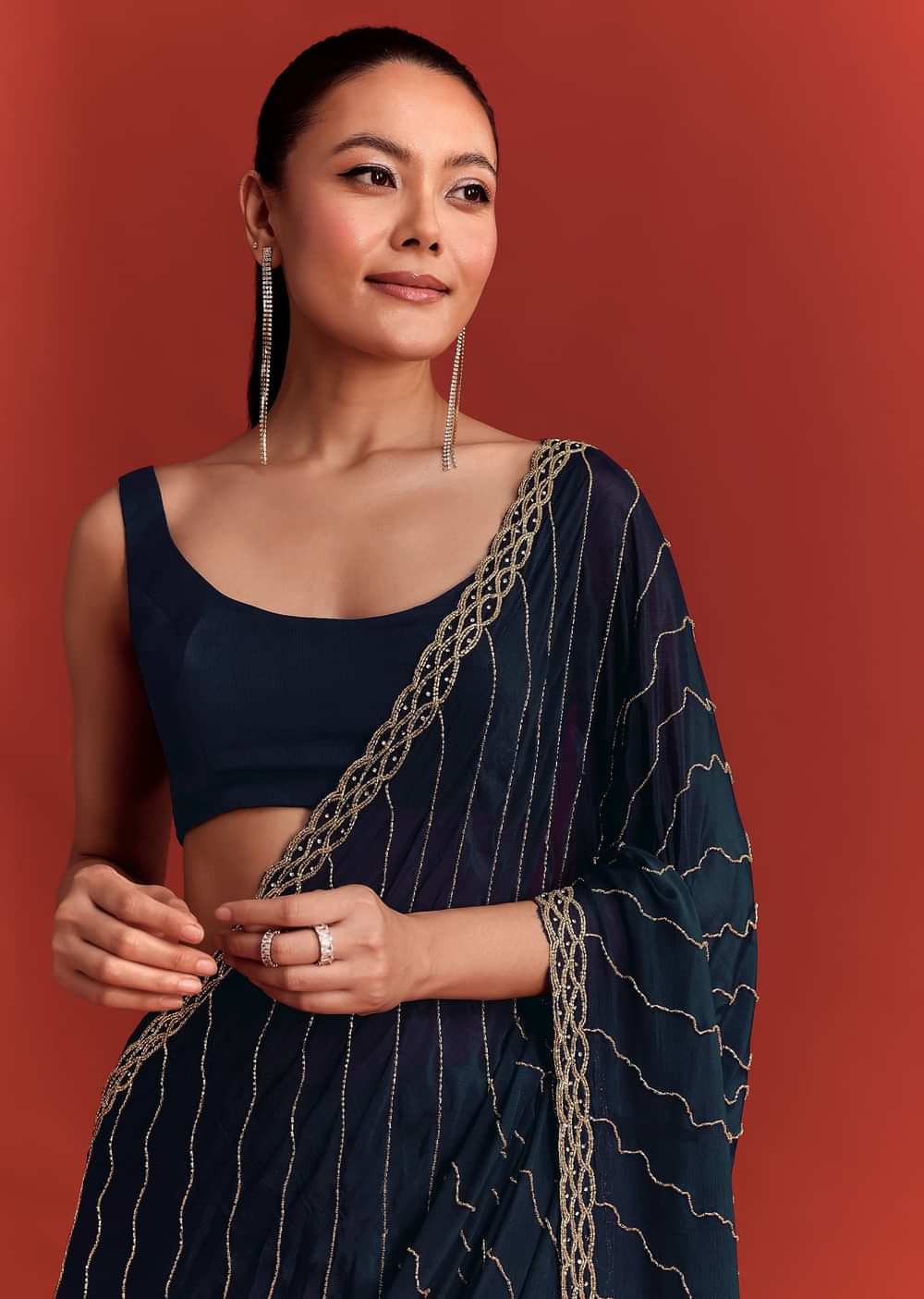 Navy Blue Cutdana Work Chinnon Saree