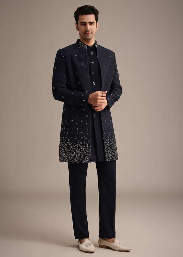 Navy Blue Cutdana Work Indowestern Set Navy Blue Cutdana Work Indowestern Set