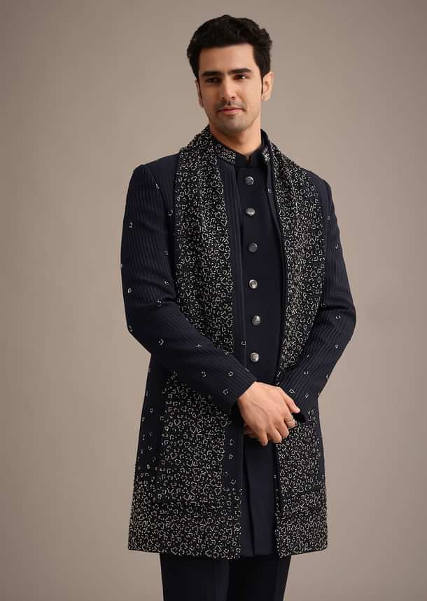 Navy Blue Cutdana Work Indowestern Set Navy Blue Cutdana Work Indowestern Set