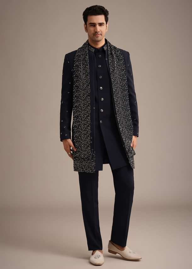 Navy Blue Cutdana Work Indowestern Set Navy Blue Cutdana Work Indowestern Set