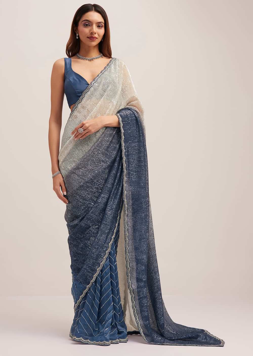 Navy Blue Dual Shaded Sequins Saree With Scalloped Border