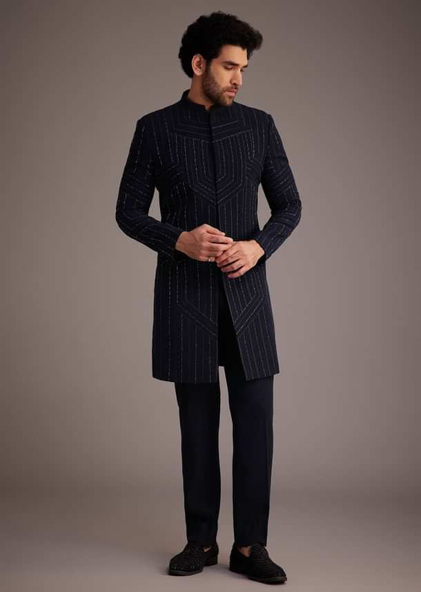 Navy Blue Embroidered Bandhgala Suit