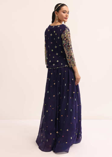 Navy Blue Embroidered Lehenga Set With Jacket