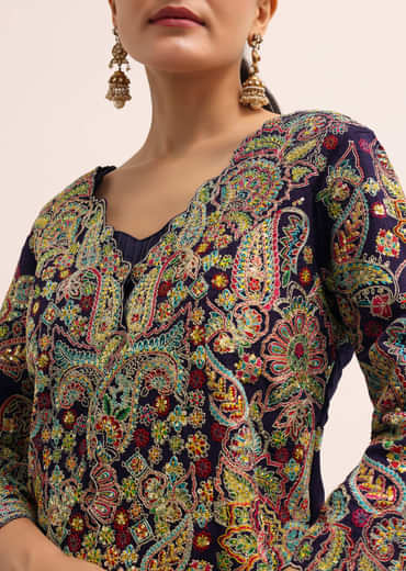 Navy Blue Embroidered Lehenga Set With Jacket