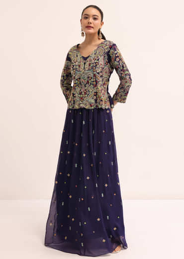 Navy Blue Embroidered Lehenga Set With Jacket