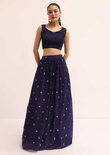 Navy Blue Embroidered Lehenga Set With Jacket