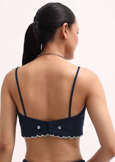 Navy Blue Embroidered Organza Saree With Unstitched Blouse
