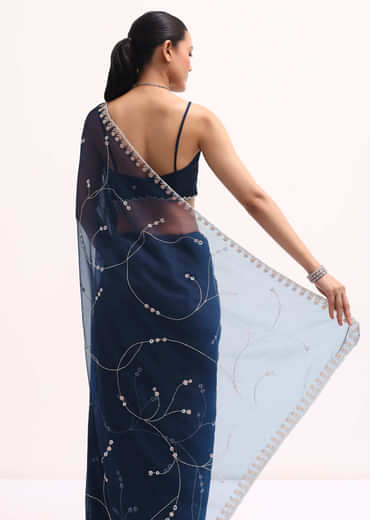 Navy Blue Embroidered Organza Saree With Unstitched Blouse
