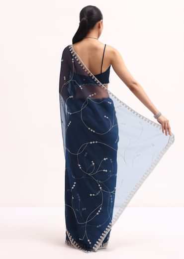 Navy Blue Embroidered Organza Saree With Unstitched Blouse