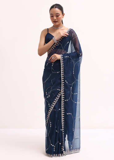 Navy Blue Embroidered Organza Saree With Unstitched Blouse
