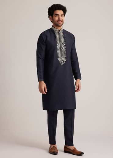 Navy Blue Embroidered Sherwani Kurta Set