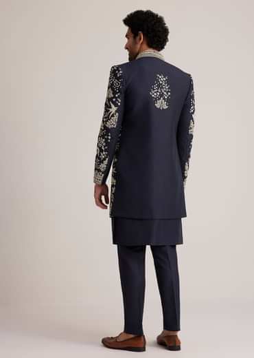 Navy Blue Embroidered Sherwani Kurta Set