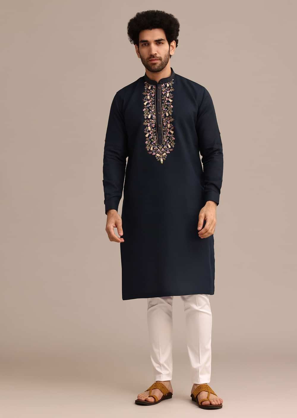 Navy Blue Floral Resham Handwork Kurta Set In Linen