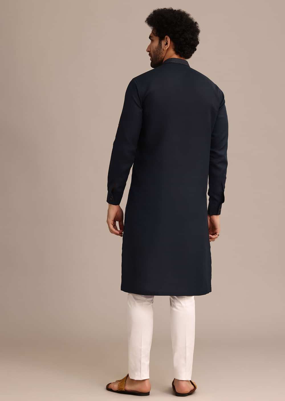 Navy Blue Floral Resham Handwork Kurta Set In Linen