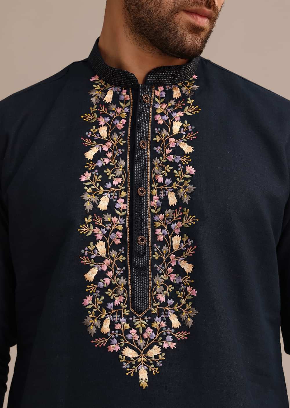 Navy Blue Floral Resham Handwork Kurta Set In Linen