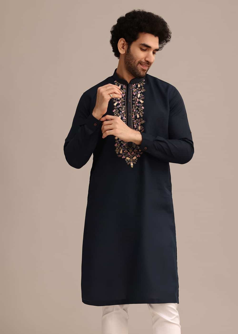 Navy Blue Floral Resham Handwork Kurta Set In Linen
