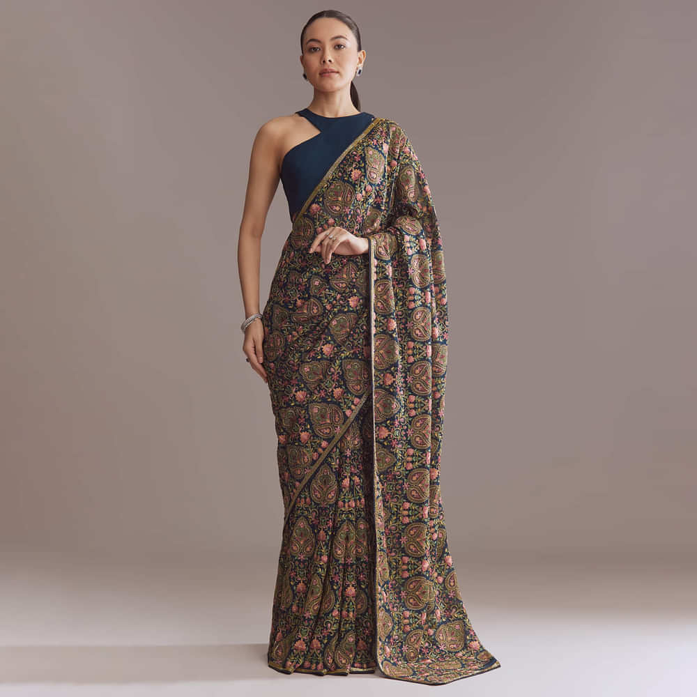 Navy Blue Georgette Saree With Kashmiri Kashida Embroidery