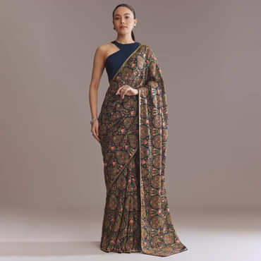 Navy Blue Georgette Saree With Kashmiri Kashida Embroidery